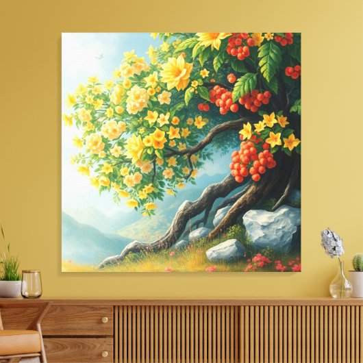 Levendige Wildflower Tree met Mountain Backdrop Canvas Afdruk (Insitu (Woonkamer))