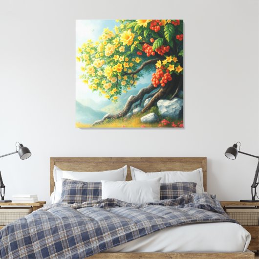 Levendige Wildflower Tree met Mountain Backdrop Canvas Afdruk (Insitu (Slaapkamer))