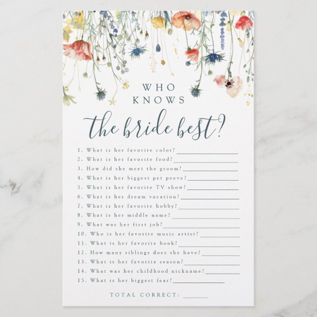 Levendige Wildflower Wie kent de bruid beste spel (Voorkant)