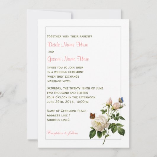 Levendige  witte roos en vlinders bruiloft kaart (Voorkant)