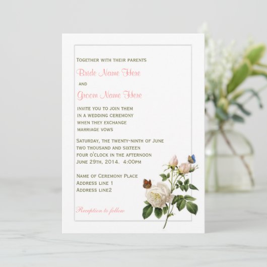 Levendige witte roos en vlinders bruiloft kaart (Staand voorkant)