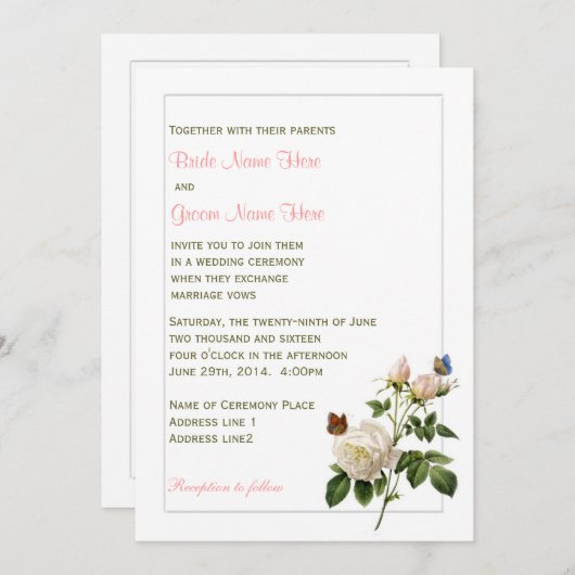 Levendige witte roos en vlinders bruiloft kaart (Voorkant / Achterkant)