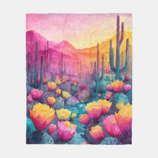 Levendige Woestijnzonsondergang Cactus Bloeiende D Fleece Deken