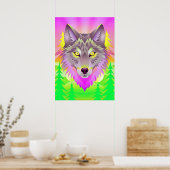 Levendige Wolf Illustratie met Abstracte Bomen Poster (Keuken)
