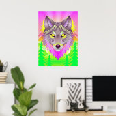 Levendige Wolf Illustratie met Abstracte Bomen Poster (Thuiskantoor)