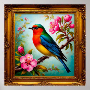 Levendige Zangvogel op Bloeiende Tak Poster