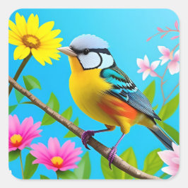 Levendige Zangvogel op een bloeiende tak Vierkante Sticker