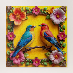 Levendige zangvogels omringd door bloemframe legpuzzel