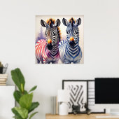 Levendige Zebra Duo Waterverf Pointillisme Art Poster (Thuiskantoor)