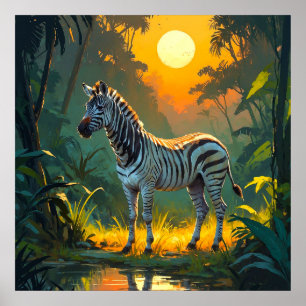 Levendige Zebra in Oerwoud met Sunset Painting Poster