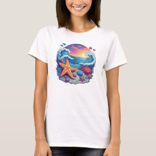 Levendige Zeester op Strand met Oceaangolven T-shirt