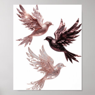 Levendige Zilveren ROSE GOLDEN VOGELS 3D-tekst kun Poster