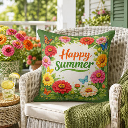 Levendige Zinnia Bloemen Gelukkige Zomer Groen Buitenkussen