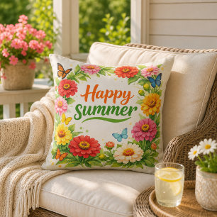Levendige Zinnia Bloemen Gelukkige Zomer Wit Buitenkussen
