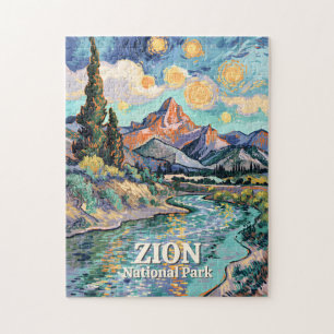 Levendige Zion-rivierzonsondergang Retro Van Gogh Legpuzzel