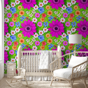 Levendige zomerbloemen in paarse en groene behang
