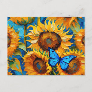 Levendige zonnebloem bloemen en vlinder briefkaart
