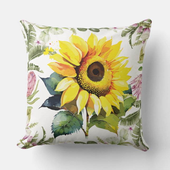 Levendige Zonnebloem Waterverf Tropische Bloemen F Kussen (Voorkant)