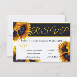 Levendige zonnebloemen Zomer bruiloft maaltijden RSVP Kaartje