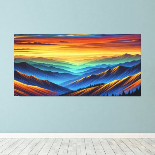 Levendige zonsondergang over kleurrijke bergketens canvas afdruk (Insitu (Houten vloer))