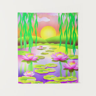 Levendige zonsondergangvijver met waterlelies wandkleed