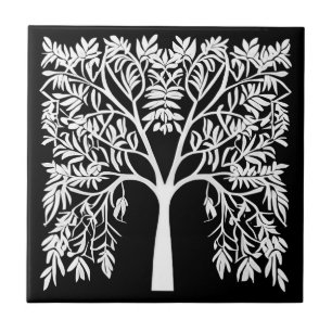 Levensboom #1 Wit op Zwart Tegeltje