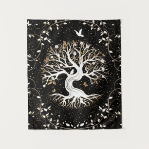Levensboom - Gegdrasil - zwart wit en goud Wandkleed