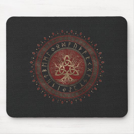 Levensboom met Triquetra Black Red Leather Muismat (Voorkant)