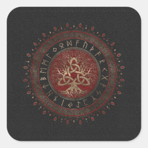 Levensboom met Triquetra Black Red Leather Vierkante Sticker