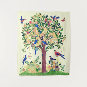 Levensboom met vogels en bloemen wandkleed