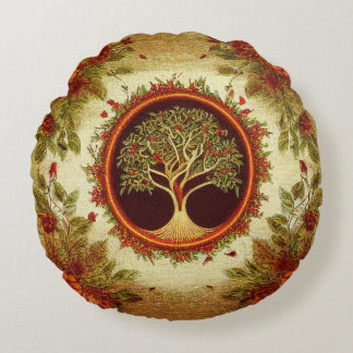 Levensboom van kedoki Green en Oranje Embroidery Rond Kussen