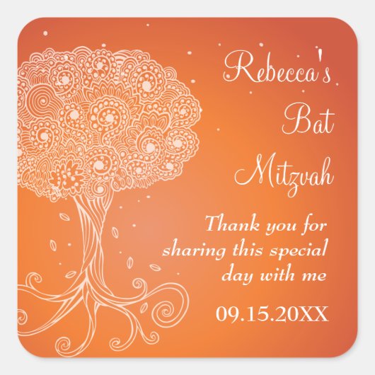  levensboom van Sinaasappel Bat Mitzvah Vierkante Sticker (Voorkant)