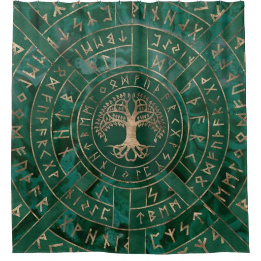 Levensboom - Yggdrasil en Futhark - Malachite Douchegordijn (Voorkant)