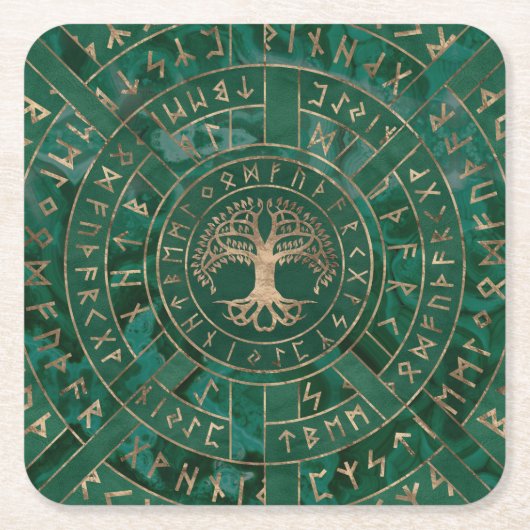 Levensboom - Yggdrasil en Futhark - Malachite Vierkante Kartonnen Onderzetter (Voorkant)