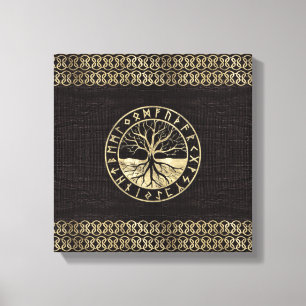 Levensboom - Yggdrasil en Looppas op hout Canvas Afdruk