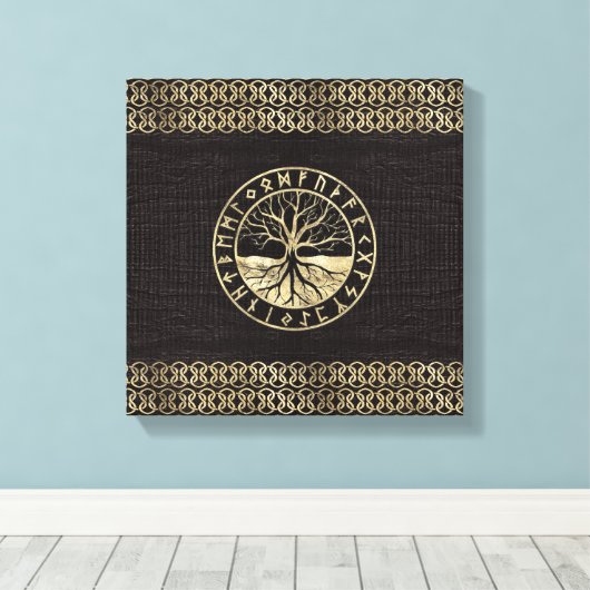 Levensboom - Yggdrasil en Runes op hout Canvas Afdruk (Insitu (Houten vloer))