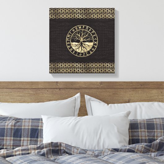 Levensboom - Yggdrasil en Runes op hout Canvas Afdruk (Insitu (Slaapkamer))