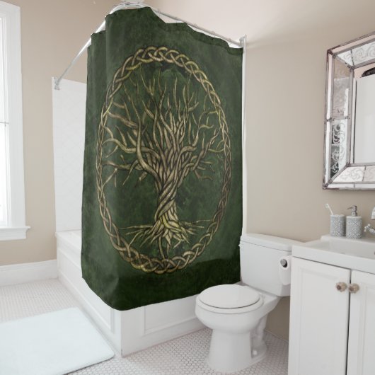 Levensboom - Yggdrasil - groen en goud Douchegordijn (In situ)