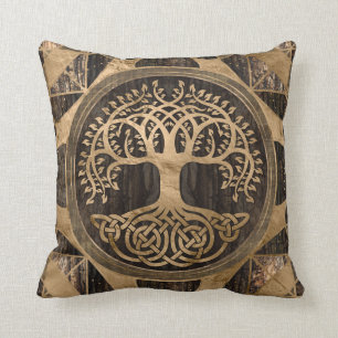 Levensboom -Yggdrasil - Houtschors en Goud Kussen