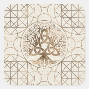 Levensboom - Yggdrasil met Triquetra Pastel Gold Vierkante Sticker