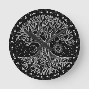 Levensboom - zwart-wit ronde klok