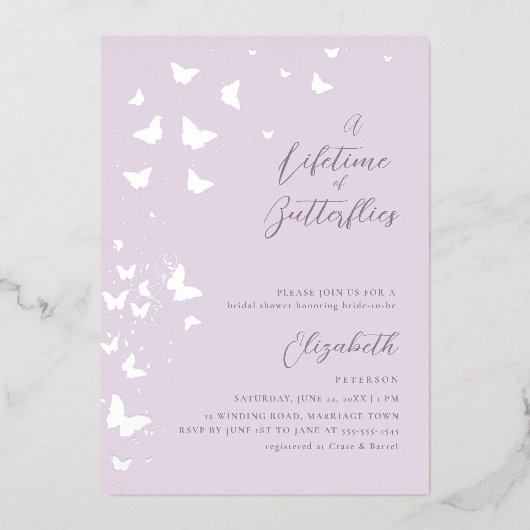 Levenslang Vlinders Lila Zilver Vrijgezellenfeest Folie Uitnodiging (Voorkant)