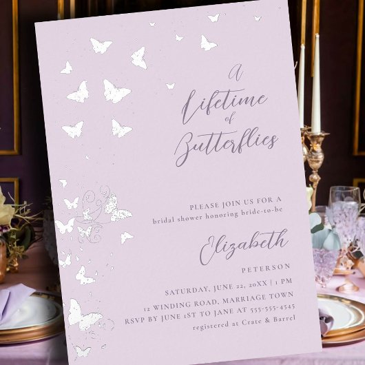 Levenslang Vlinders Lila Zilver Vrijgezellenfeest Folie Uitnodiging