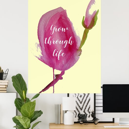Levensquote Roze Magnolia roze bloem Poster (Thuiskantoor)