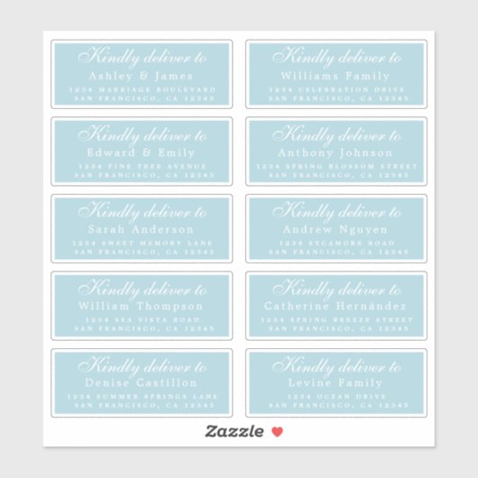 Lever aan Script Huwelijksgast Adres Blauw Sticker (Vel)