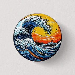 Levige Oceaangolf Met Vuurrode Zonsondergang Ronde Button 3,2 Cm