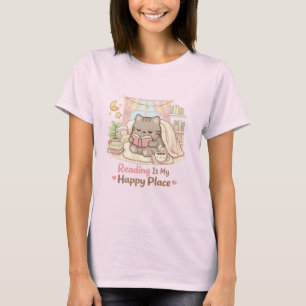 Lezen is mijn gelukkige plek Cute Kitty Kat Roze T-shirt