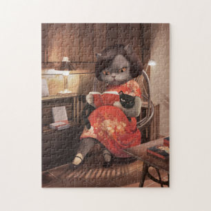 Lezen Kat in Cheongsam Legpuzzel
