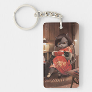 Lezen Kat in Cheongsam Sleutelhanger