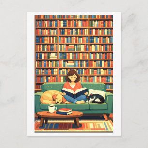 Lezen met illustratie van kat en hond briefkaart